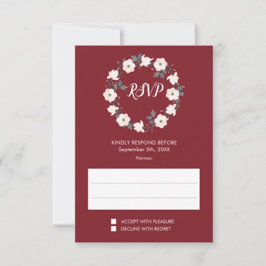 Blush Floral Wreath Burgundy Wedding RSVP Kaartje (Voorkant)