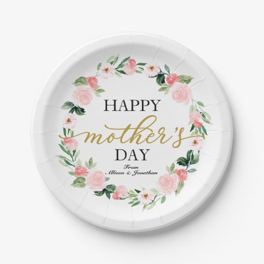 Blush Floral Wreath Happy Mothers Day Papieren Bordje (Voorkant)