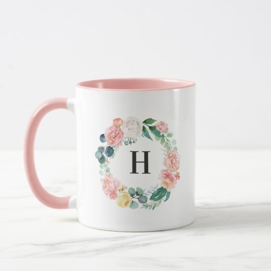 Blush Floral Wreath Monogram Coffee Mok (Links)