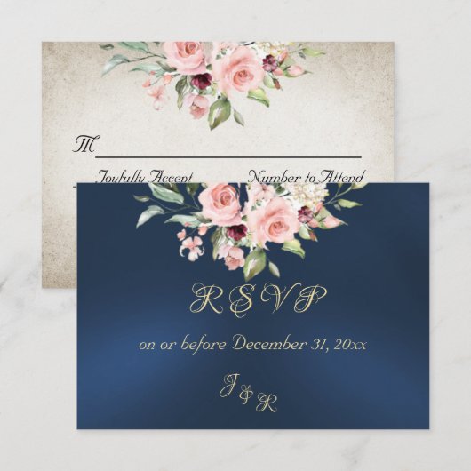 Blush Floral & Wreath RSVP - Blue Kaartje (Voorkant / Achterkant)