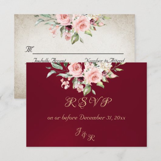 Blush Floral & Wreath RSVP - Burgundy Kaartje (Voorkant / Achterkant)