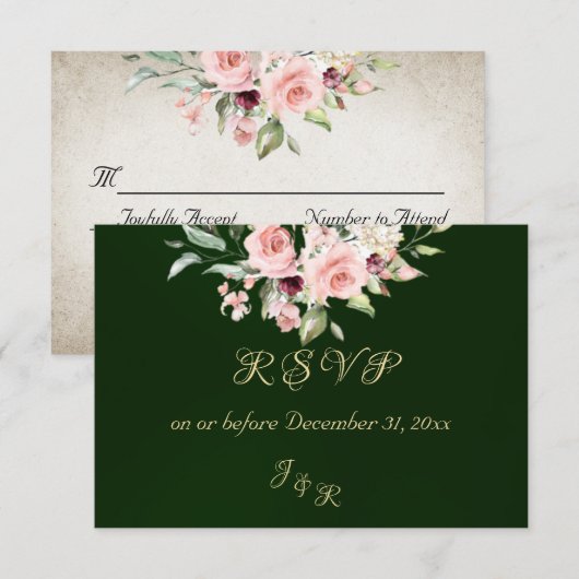 Blush Floral & Wreath RSVP - Emerald Kaartje (Voorkant / Achterkant)