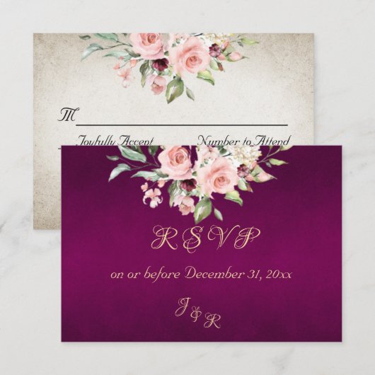 Blush Floral & Wreath RSVP - Purple Kaartje (Voorkant / Achterkant)