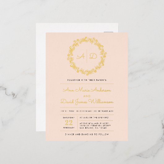 Blush | Floral Wreath Wedding Folie Uitnodiging Briefkaart (Voorkant / Achterkant)