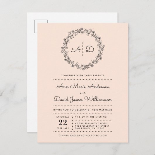 Blush | Floral Wreath Wedding Uitnodiging Briefkaart (Voorkant / Achterkant)