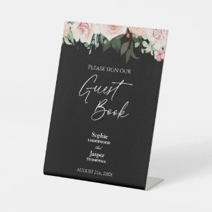 Blush Floral Zwart Bruiloft Gast Boek Teken Reclamebord Met Voetstuk