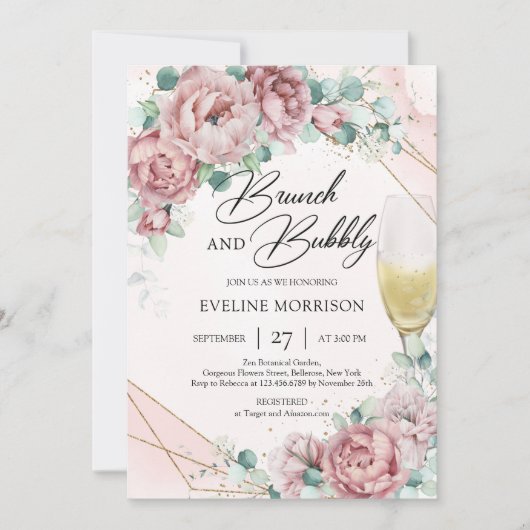 Blush florale champagne glazen brunch en bubbly kaart (Voorkant)