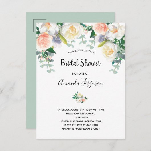 Blush florale eacalyptus bridale doucheuitnodiging briefkaart (Voorkant / Achterkant)