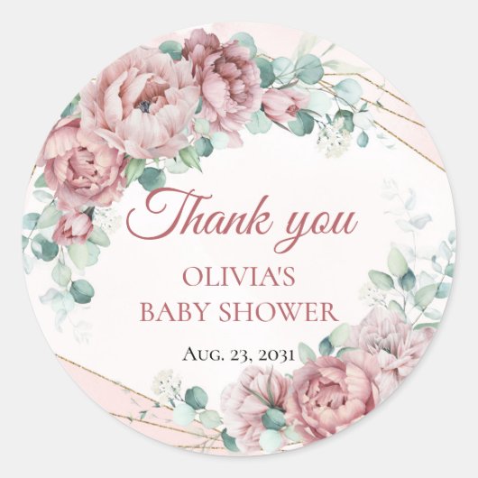 Blush florale eucalyptusgoud lijst baby shower ronde sticker (Voorkant)