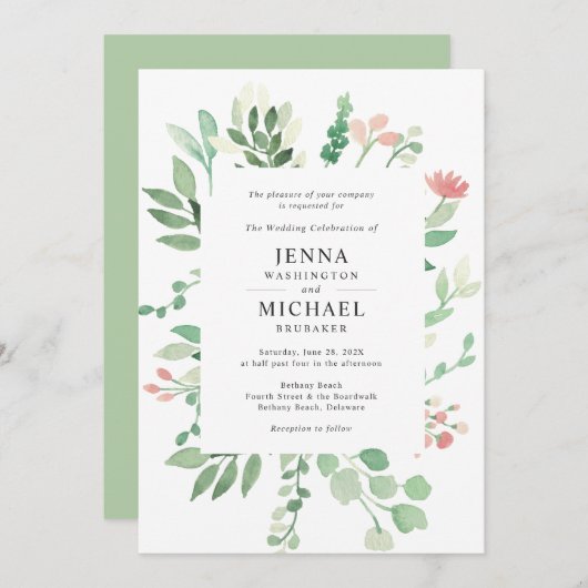 Blush florale lijst bruiloft uitnodiging (Voorkant / Achterkant)
