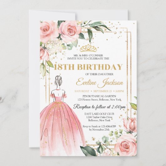 Blush florale roze prinses jurk goutiara 18th kaart (Voorkant)