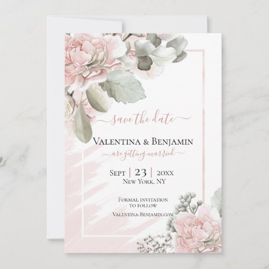 Blush florale stoffige roos boho chic bruiloft red save the date (Voorkant)