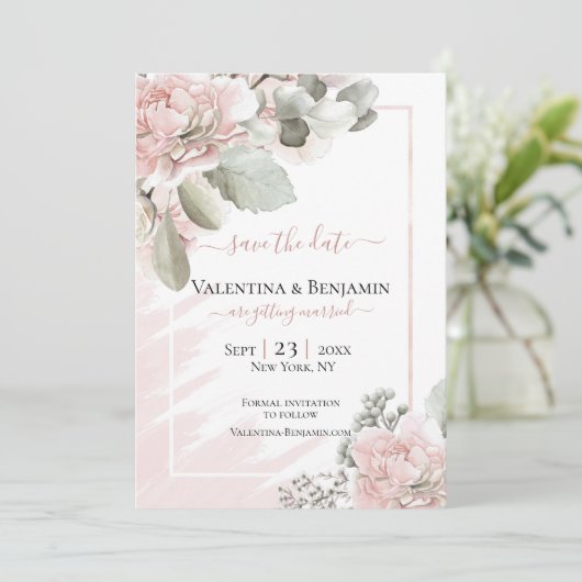 Blush florale stoffige roos boho chic bruiloft red save the date (Staand voorkant)