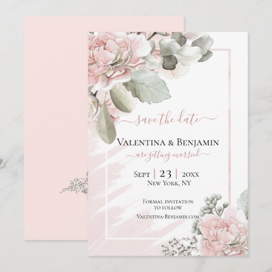 Blush florale stoffige roos boho chic bruiloft red save the date (Voorkant / Achterkant)