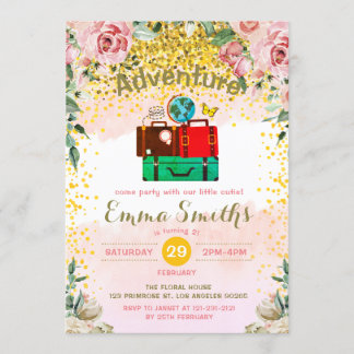 Blush Florals Adventure begint Birthday Luggage Kaart