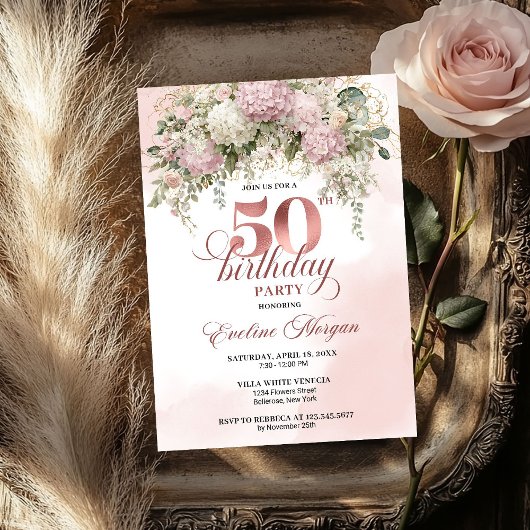 Blush Florals and Greenery Rose Gold 50th Birthday Kaart