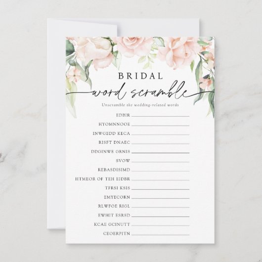 Blush Florals Bruids Woord Scramble Game Kaart (Voorkant)