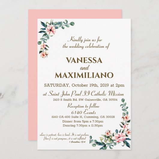 Blush Florals bruiloft uitnodiging Engelse versie (Voorkant / Achterkant)