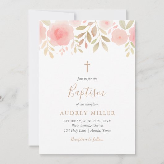 Blush Florals Cross Baptisme Kaart (Voorkant)