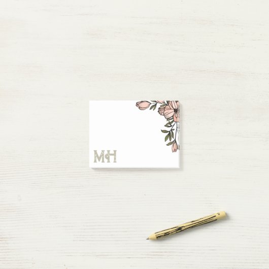 Blush Florals Distress Olive Initialen Post-it® Notes (Op bureau)