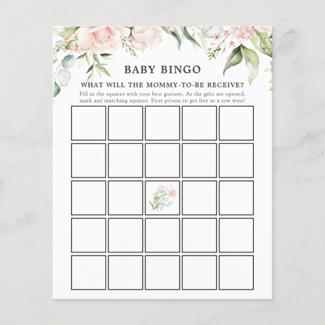 Blush Florals en Greenery Baby Bingo Game Kaart (Voorkant)