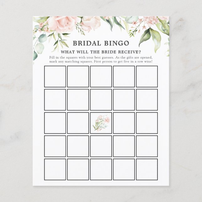 Blush Florals en Greenery Bridal Bingo Game Kaart (Voorkant)