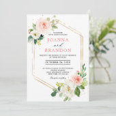 Blush Florals Gold Modern Geometric Lijst Wedding Kaart (Staand voorkant)