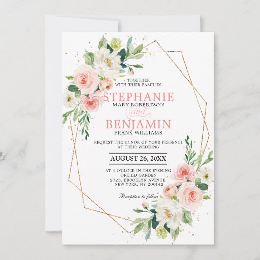 Blush Florals Gold Modern Geometric Lijst Wedding Kaart (Voorkant)