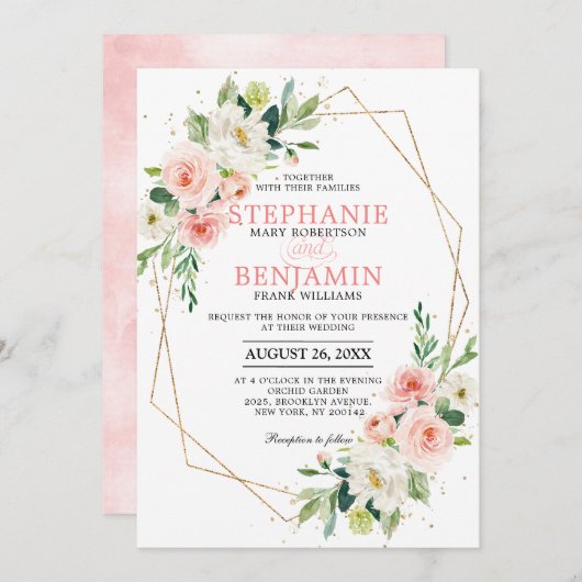 Blush Florals Gold Modern Geometric Lijst Wedding Kaart (Voorkant / Achterkant)