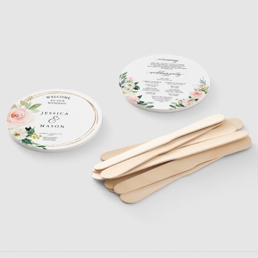 Blush Florals Ronde Gouden Huwelijksprogramma Fan Handwaaier (Niet-gemonteerd)