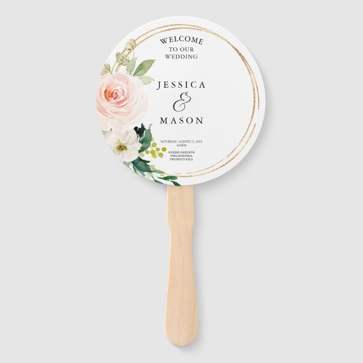 Blush Florals Ronde Gouden Huwelijksprogramma Fan Handwaaier (Voorkant)