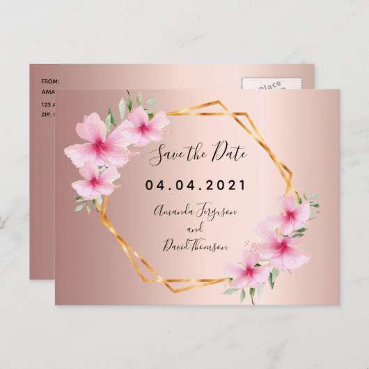 Blush florals roos gouden bruiloft Bespaar op datu Aankondigingskaart (Voorkant / Achterkant)