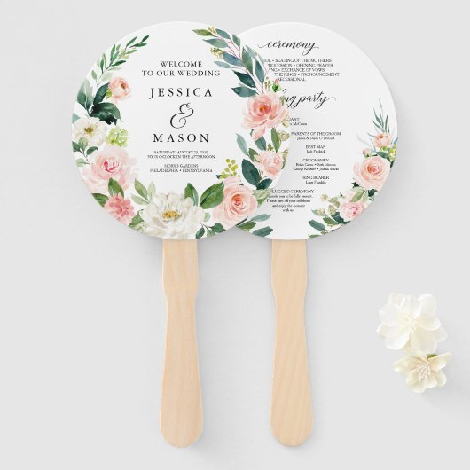 Blush Florals Round Wedding Program Fan Handwaaier (Voorkant en achterkant)