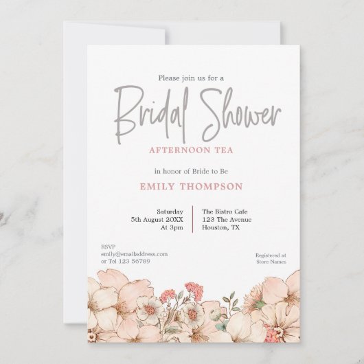 Blush Florals Script Vrijgezellenfeest Thee Invita Kaart (Voorkant)