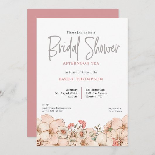 Blush Florals Script Vrijgezellenfeest Thee Invita Kaart (Voorkant / Achterkant)