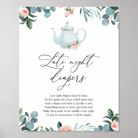 Blush Florals Teapot Late Night Diapers Sign Poster (Voorkant)
