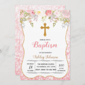 Blush flower glitter baptisme party-uitnodiging kaart (Voorkant / Achterkant)