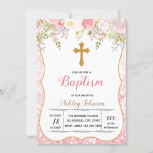 Blush flower glitter baptisme party-uitnodiging kaart