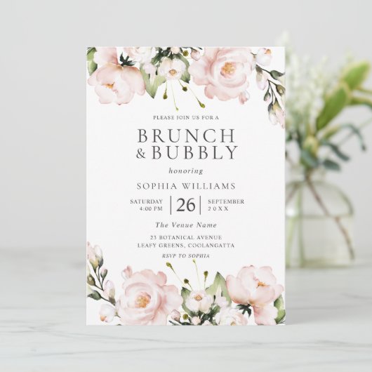 Blush Flowers Brunch & Bubble Vrijgezellenfeest Kaart (Staand voorkant)