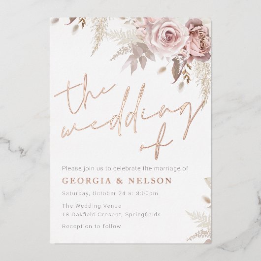 Blush Flowers De bruiloft van Roos Gold Real Folie Uitnodiging (Voorkant)