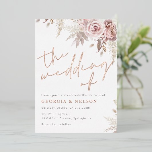 Blush Flowers De bruiloft van Roos Gold Real Folie Uitnodiging (Staand Voorkant)