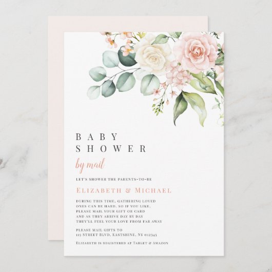 Blush Flowers Eucalyptus Baby shower per post Kaart (Voorkant / Achterkant)