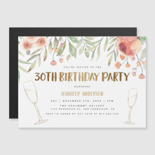 Blush Flowers & Gold Champagne 30th Birthday Magnetische Uitnodiging