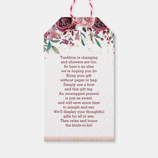Blush Flowers Gold Confetti Bruids Display Douche Cadeaulabel (Voorkant)
