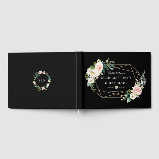 Blush Flowers Gold Lijst Black Bachelorette Party Gastenboek (Volledig)