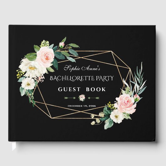 Blush Flowers Gold Lijst Black Bachelorette Party Gastenboek (Voorkant)