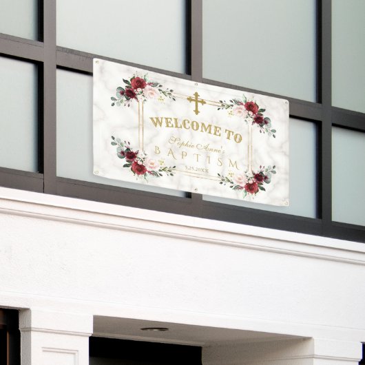 Blush Flowers Gold Marble Baptism Welkomstteken Spandoek (Buitenkant Gebouw)