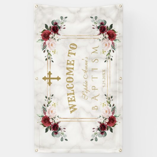 Blush Flowers Gold Marble Baptism Welkomstteken Spandoek (Verticaal)
