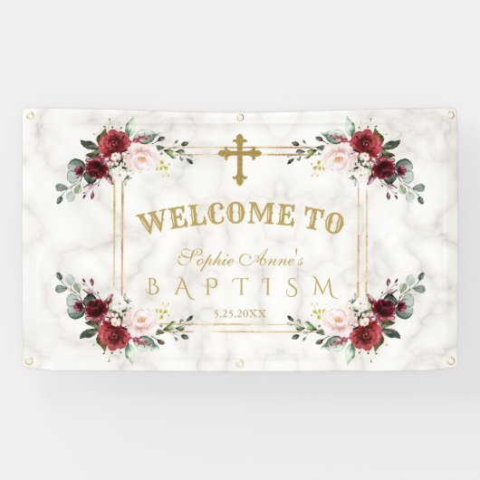 Blush Flowers Gold Marble Baptism Welkomstteken Spandoek (Horizontaal)