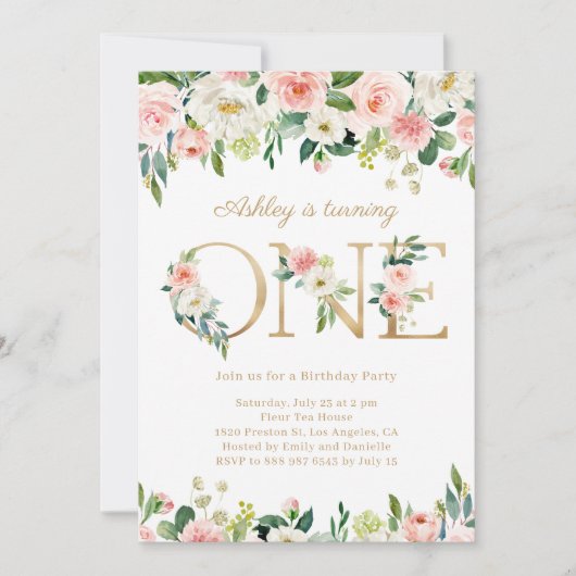 Blush Flowers Gold ONE Floral First Birthday Kaart (Voorkant)